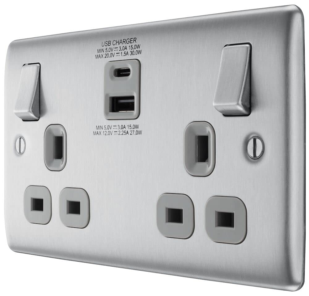 BG Electrical Cooker Switch with Socket and LED, Cooker Control Unit, Control Socket, Double Pole, Raised Profile, Round Edges, Nexus Metal, Brushed Steel, Grey Inserts, 45A, NBS70G