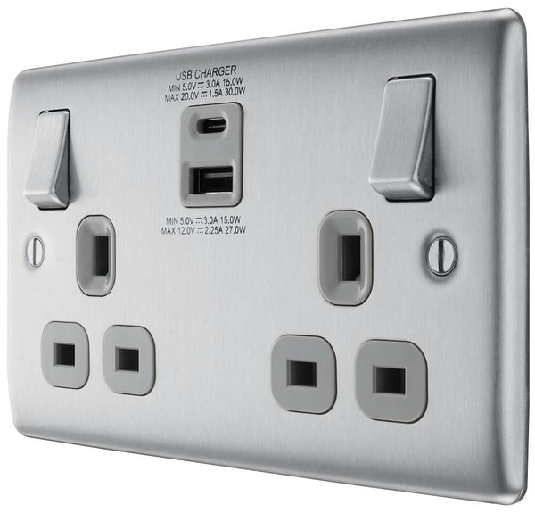 BG Electrical Cooker Switch with Socket and LED, Cooker Control Unit, Control Socket, Double Pole, Raised Profile, Round Edges, Nexus Metal, Brushed Steel, Grey Inserts, 45A, NBS70G