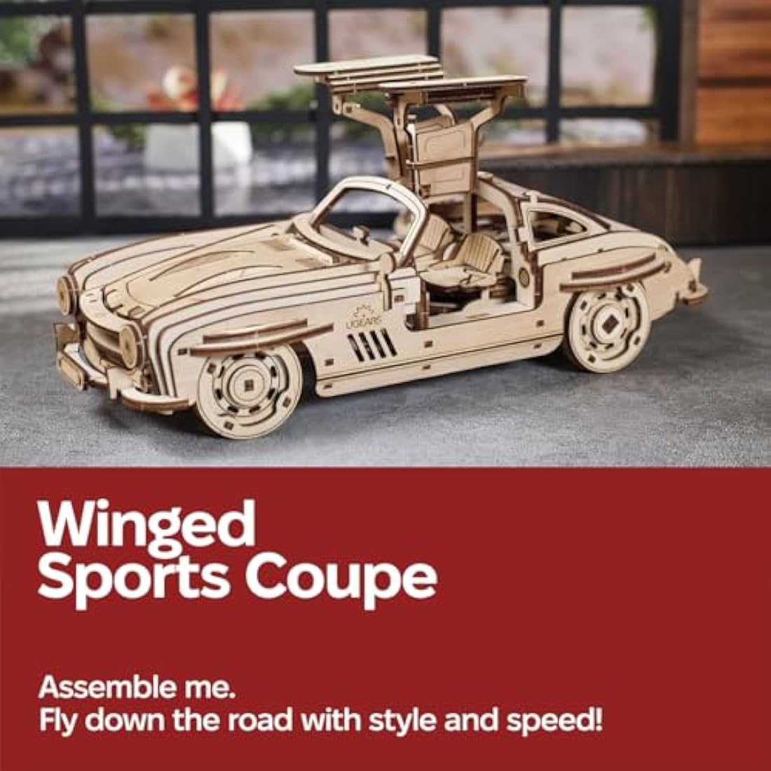 UGEARS Winged Sports Coupe 3D Puzzle- 1:24 Scale 3D Wooden Puzzles for Adults Model Car Kit - Working Gull-Wing Doors Model Kits For Adults to Build - Mechanical Vehicle for Fathers Day - 262 Pcs