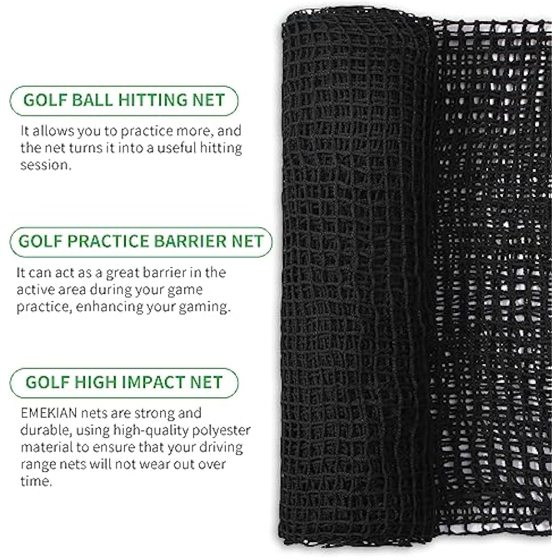 EMEKIAN Black Polyester Golf Practice Net, Heavy Duty Golf Ball Hitting Net, Indoor Outdoor Portable Golf Seine Net, Golf Training Net, Adjustable Protective Net for Backyard, Garden