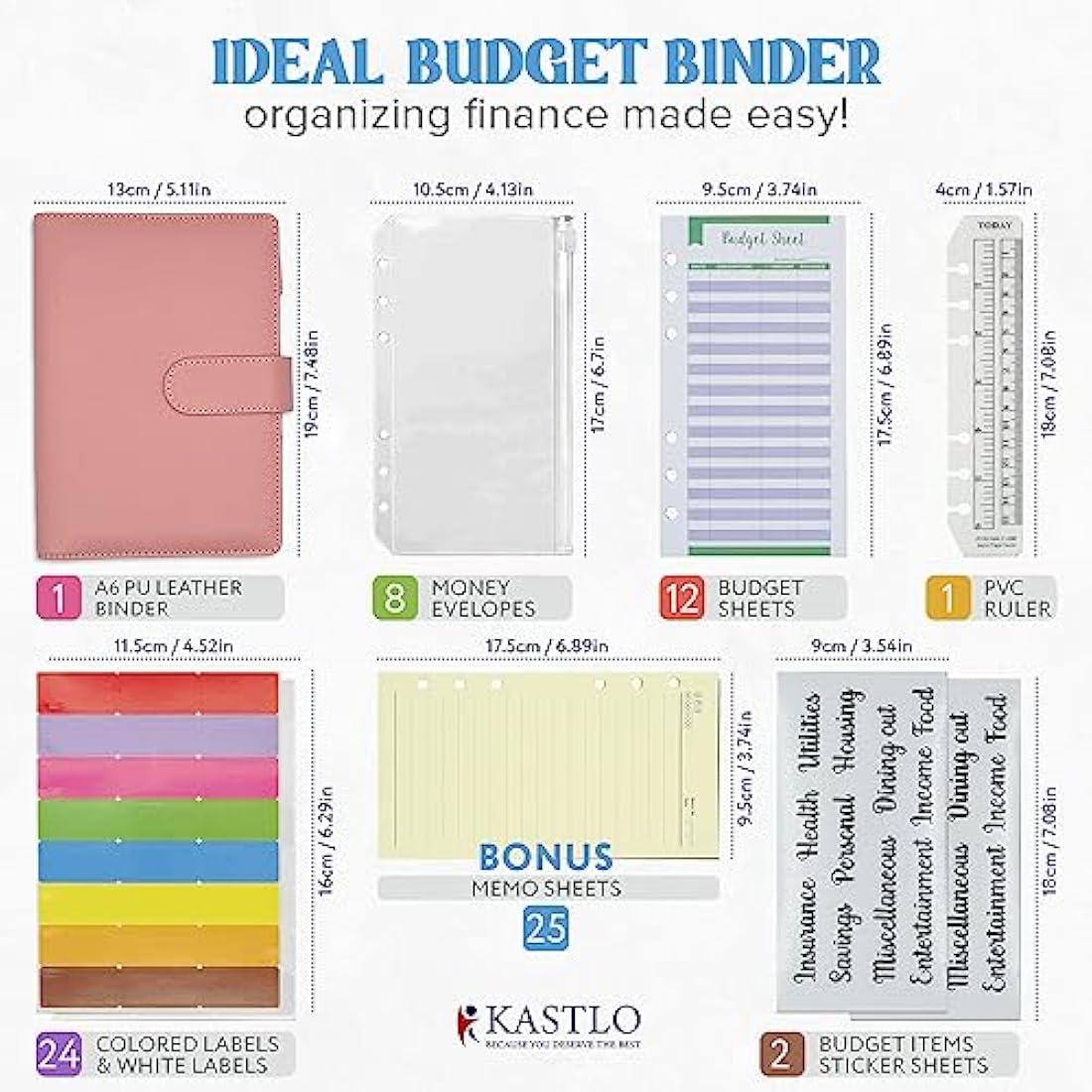 KASTLO A6 PU Leather 51pcs Budget Binder Notebook - Money Saving Wallet with Plastic Money Wallet Organiser, Label Sticker, Ruler - Budget Planner & Cash Envelopes for Cash Stuffing Wallet UK - Nude