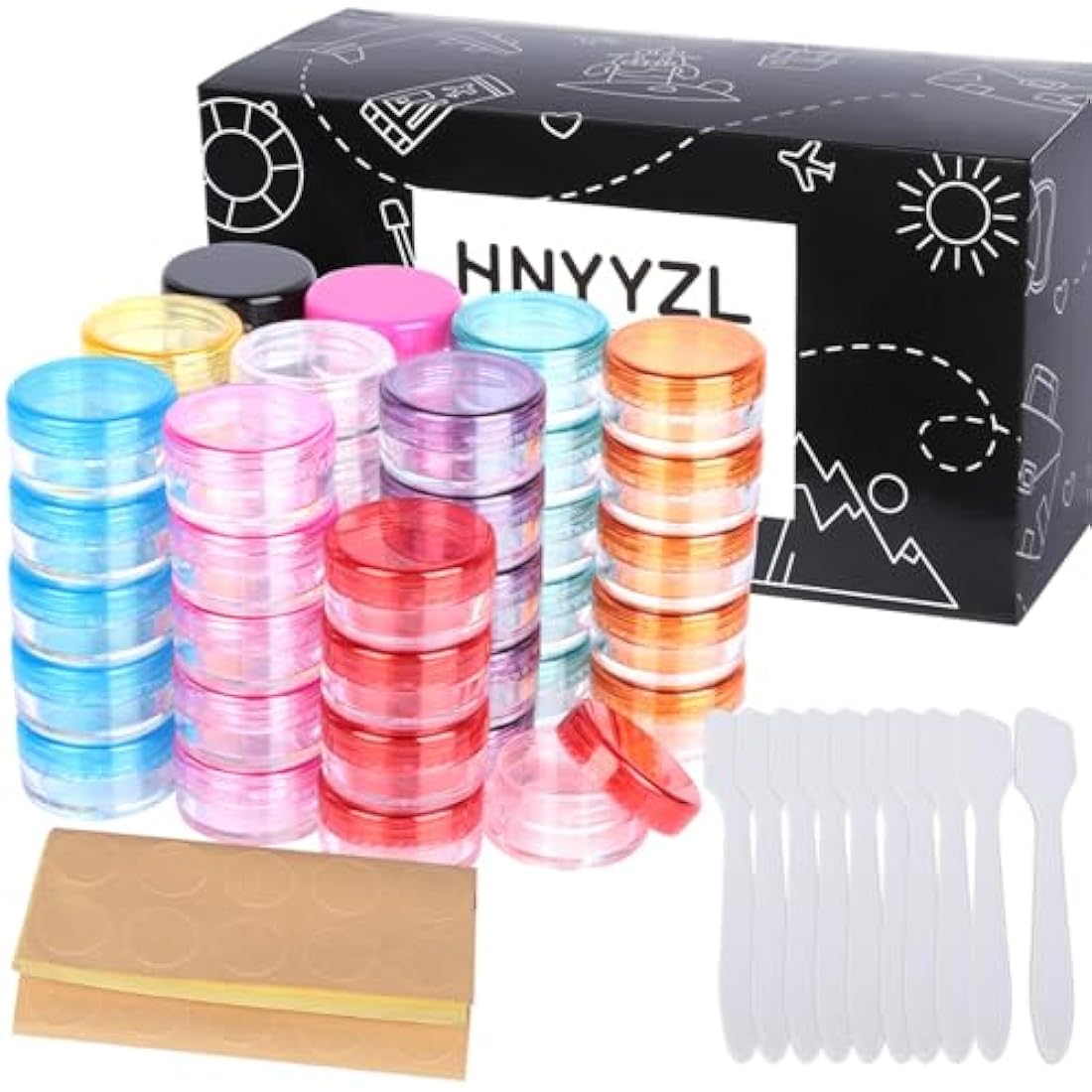 HNYYZL Empty Plastic Cosmetic Jars,50Pcs Sample Containers Pots Bottles,5ml Travel Pots,Small Pots with Lids Cosmetic,Travel Cream Pots for Toiletries (10pcs Spatulas and 50pcs Labels)