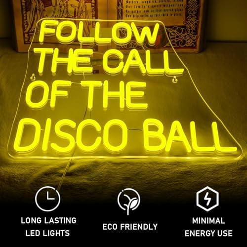 ineonlife Follow the Call of the Disco Ball Neon Sign for Wall Decor Dimmable Led Neon Lights 5V/2A USB Lemon Yellow Light Up Sign for Bedroom Party Birthday Wedding Engagement Party Bar Club