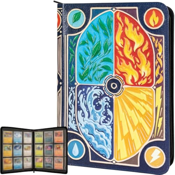 3D Card Binder for Pokemon - Stunning 3D Raised Elemental Design in PU Leather with Zipper - Includes 9 Pocket Pages for 360 Cards. Great Sleeve Album/TCG Holder/Trading Card Collection Book Gift.