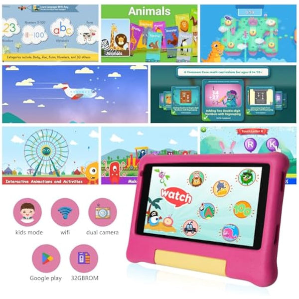 Ainmel Kids Tablet 7 inch, Android 13 Tablets for Kid, 5GB RAM+32GB ROM 128GB Expand, Parental Control, Kids Software Pre-Installed, Dual Camera, Android Learning Tablet with Proof Case (Pink)