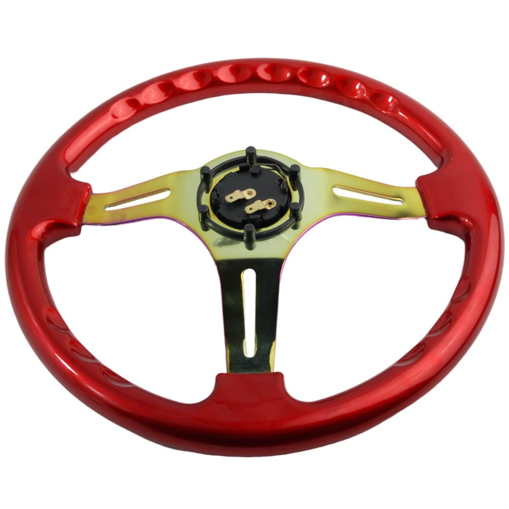 350mm Green Racing Steering Wheel Neo Chrome Spoke Universal 6 Bolts 45mm Deep Dish Classic ABS Wood Steering Wheel with Horn Button