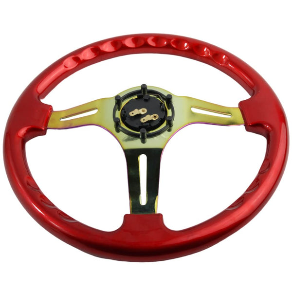 350mm Green Racing Steering Wheel Neo Chrome Spoke Universal 6 Bolts 45mm Deep Dish Classic ABS Wood Steering Wheel with Horn Button
