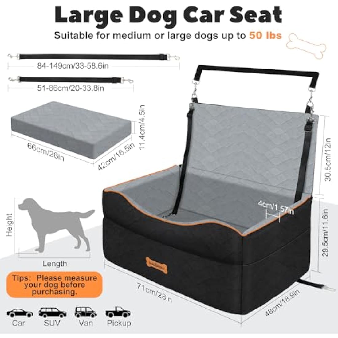 VavoPaw Dog Car Seat, Dog Booster Car Seat for Dogs Under 50Lbs Medium or 2 Small Dogs under 25Lbs, Waterproof Cars Pet Bed with Thick Cushion & Safety Leash, Removable Pet Cars Seats for Travel