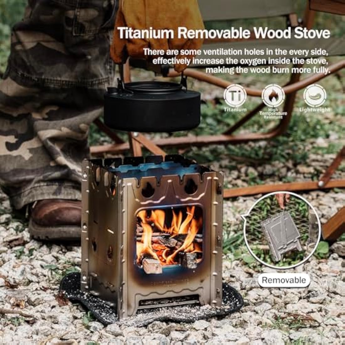 iBasingo Portable Titanium Wood Stove for Camping Detachable & Assembled Design, Ultralight Backpacking Stove with Pot Holder Compact Campfire Cooker for Charcoal Alcohol BBQ Survival Gear Ti2008C
