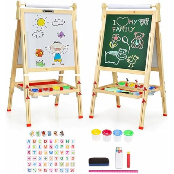 EAQ Kids Easel,Height Adjustable Wooden Art Easel,Whiteboard Chalkboard with Paper Roll Holder, Chalk Board for Kids,Best Birthday Gift for Kids (Wood)