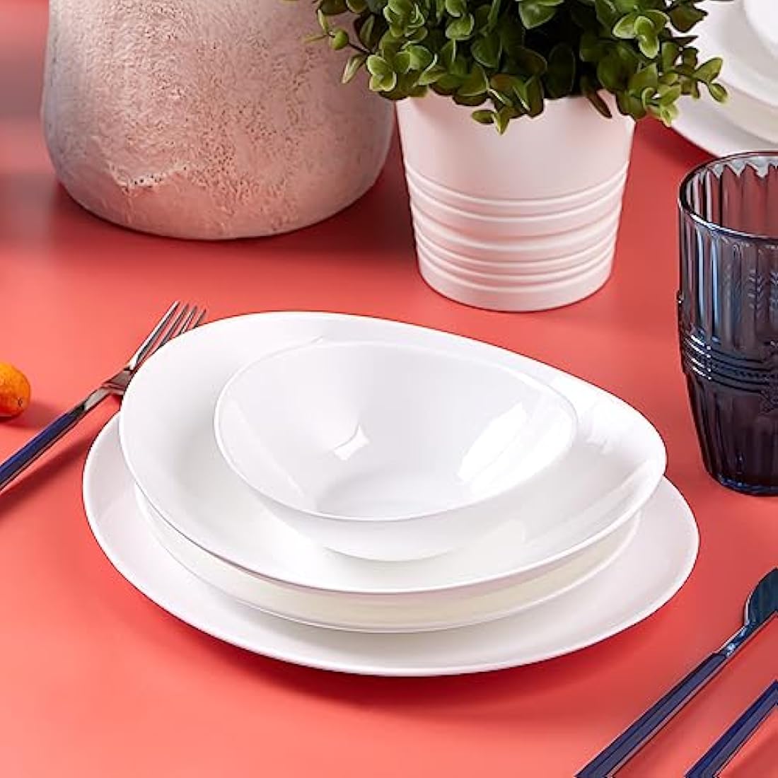 Karaca White Pure 24-Piece Glass Dinner Set for 6 People, Elegant Dinnerware, Heat-Resistant Tableware with Dinner Plates, Pasta, Cereal/Soup Bowls and Dessert/Side Plates