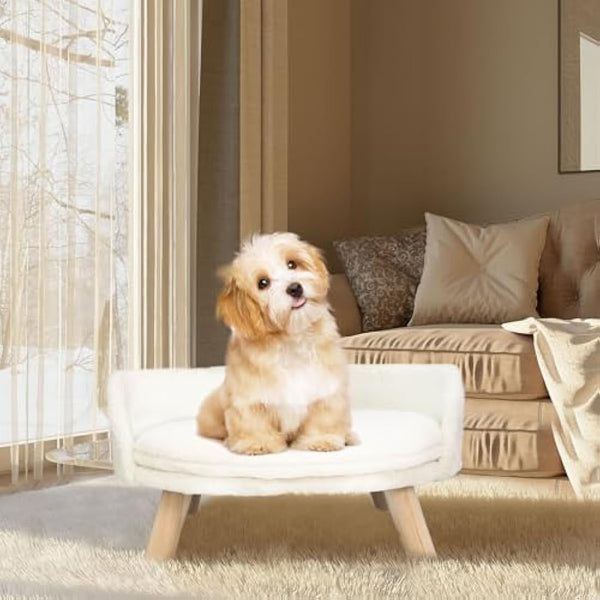 BingoPaw Cat Sofa Chair Bed: Elevated Nordic Pet Stool Bed with Removable Waterproof Mat - Raised Plush Fur Dog Kitten Couch with Wooden Legs Frame (Dia 60cm)