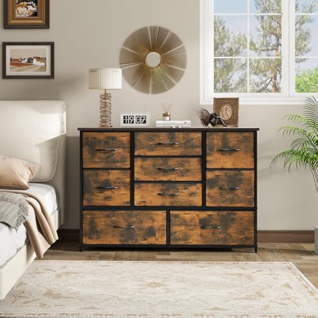 LYNCOHOME Chest of Drawers for Bedroom, 9 Drawer Fabric Dresser Storage Organizer, Wide Dresser TV Stand for Bedroom, Living Room, Entryway, Nursery