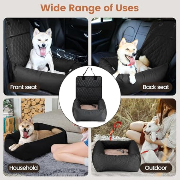 HAPPY HACHI Dog Bed Car Seat - Detachable Washable Dog booster Seat with Storage Pockets Safety Belts ，Waterproof Puppy Travel Carrier for Car (Black)