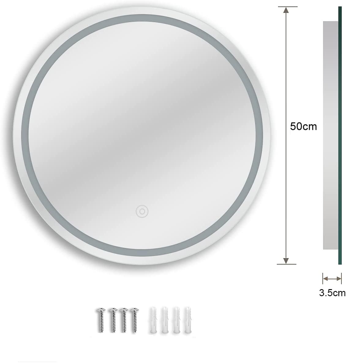 Dripex 500 mm Round LED Bathroom Mirror, Wall Mounted Circle Makeup Mirror with Cold White Light, Anti-Fog, IP44, Backlit + Front Light