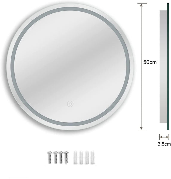 Dripex 500 mm Round LED Bathroom Mirror, Wall Mounted Circle Makeup Mirror with Cold White Light, Anti-Fog, IP44, Backlit + Front Light