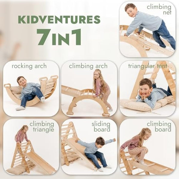 5-in-1 Indoor Climbing Frame for Toddlers - Wooden Triangle, Arch & Climbing Ramp & Net & Cushion, Montessori Climbing Frame, Kids Wooden Gym, Foldable Climbing Toys for Kids 1-5 Age