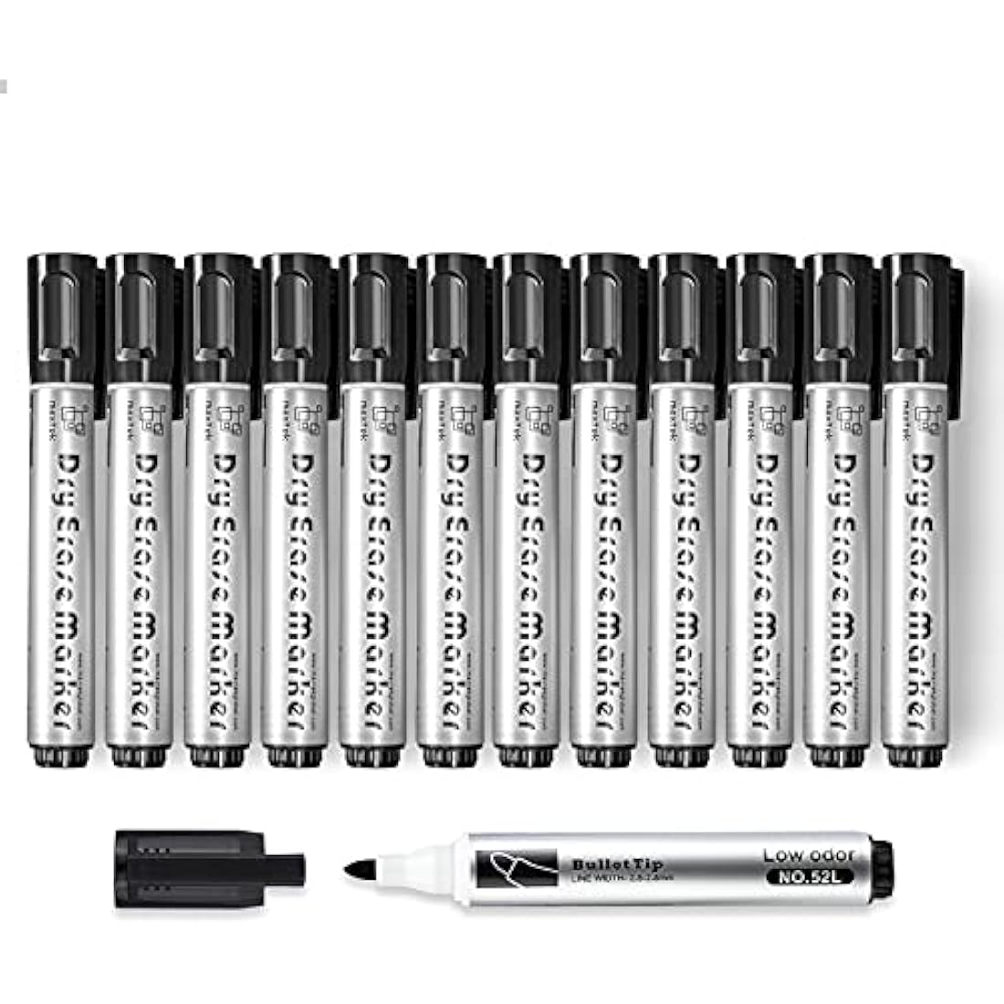 maxtek Whiteboard Pens Black, 12pcs Whiteboard Markers Dry Erase, Bullet Tip Dry Wipe Pens Low Odor for Office, Schools, Home