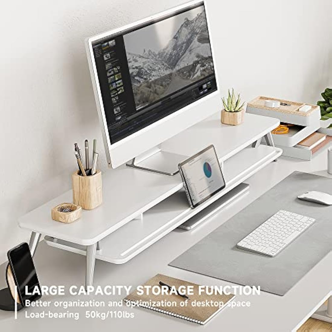 Fenge Monitor Stand Riser for 2 Monitors 108cm Large Compute Monitor Stands with Phone/Tablet Holder Slot,Desk Organizer Max Load 50KG (White)