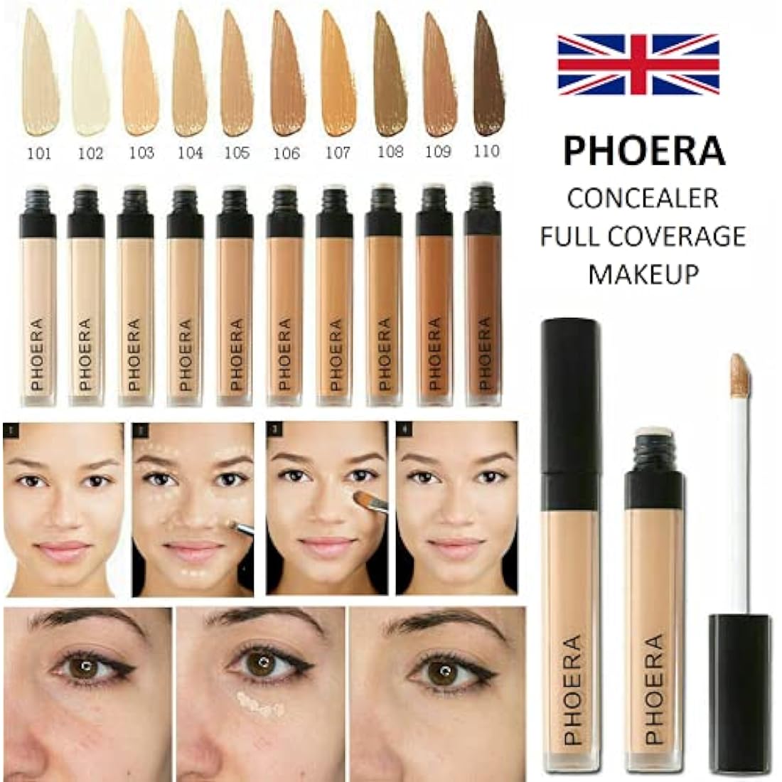 Phoera Full‑Coverage Matte Liquid Concealer – Waterproof, Oil‑Free Camouflage for Dark Circles, Acne Scars & Under‑Eye (108 - Amande)