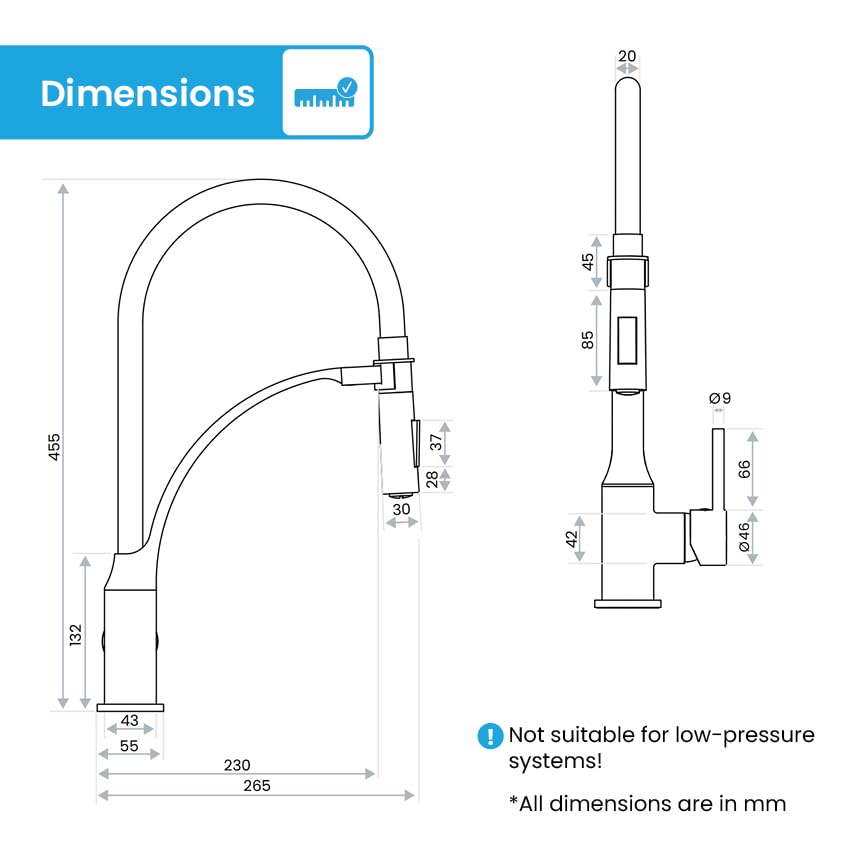 Bächlein Kitchen Faucet 360 Degree Swivel (Brushed Stainless Steel) - One-Hand Sink Mixer with Flexible Neck and Shower with Switch Button, Kitchen Faucet with Magnetic Holder