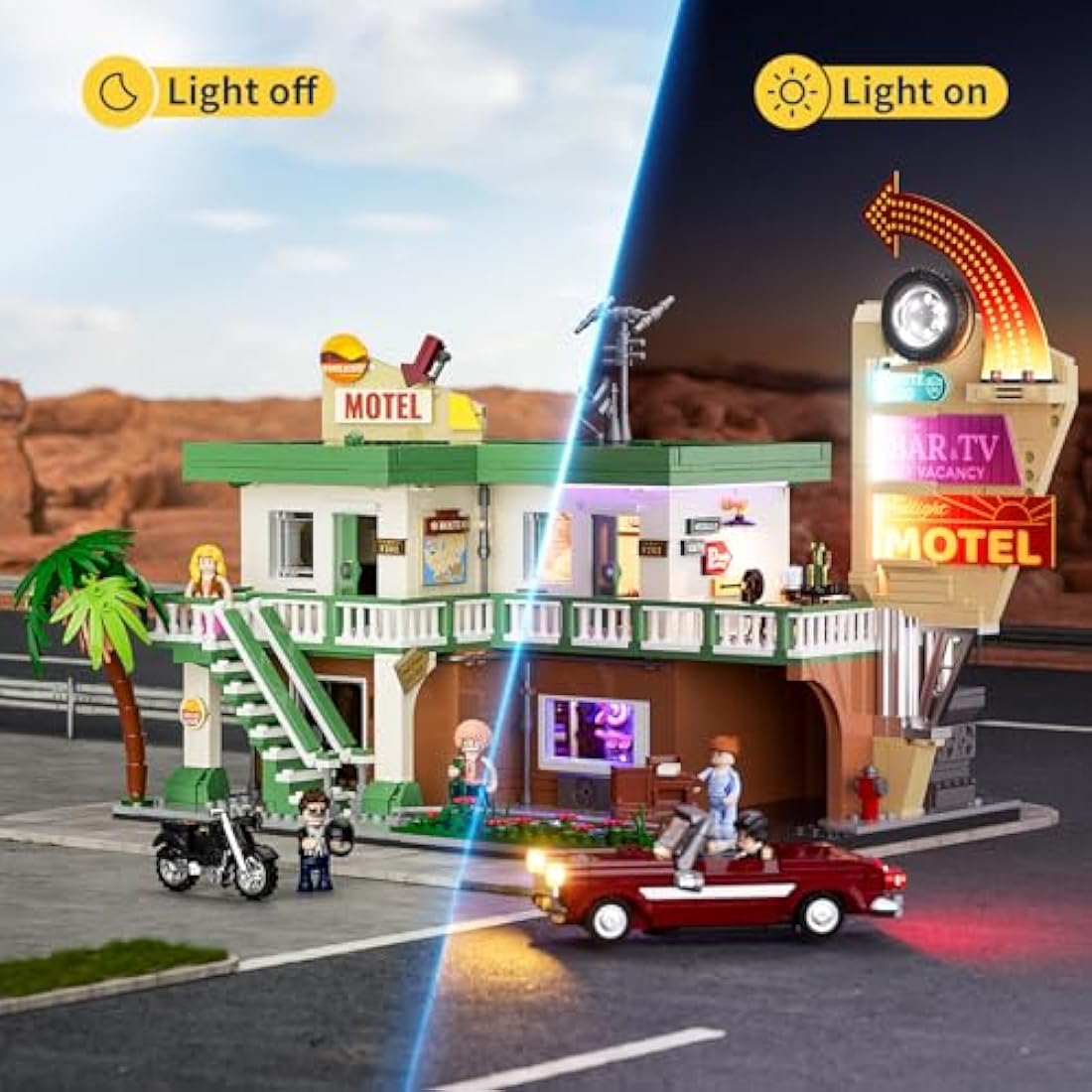 FUNWHOLE City Car-Hotel Lighting Building-Bricks Set - Road Trip Modular Twilight Motel Collection Light Car and Motorcycle Building Set 1970 Pcs for Adults and Teen