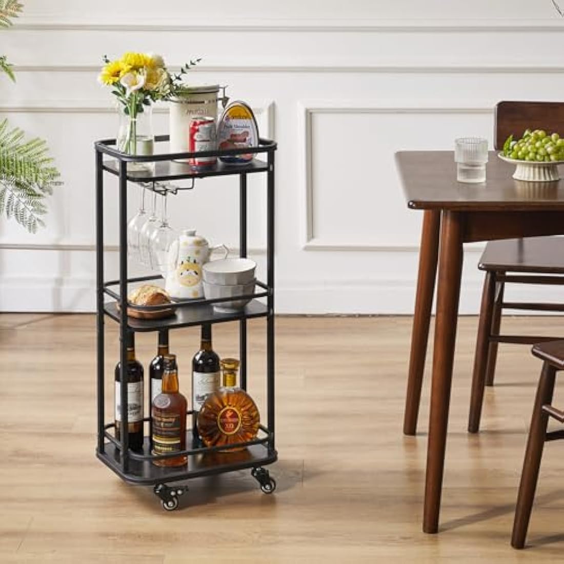 IBUYKE 3-Tier Home Bar Serving Cart,Kitchen Storage Carts With Wheels,11.79x15.72x33.01 inches,Rolling Mini Bar Cart for Home, Outdoor, Kitchen, Bedroom, Living Room TMJ319B