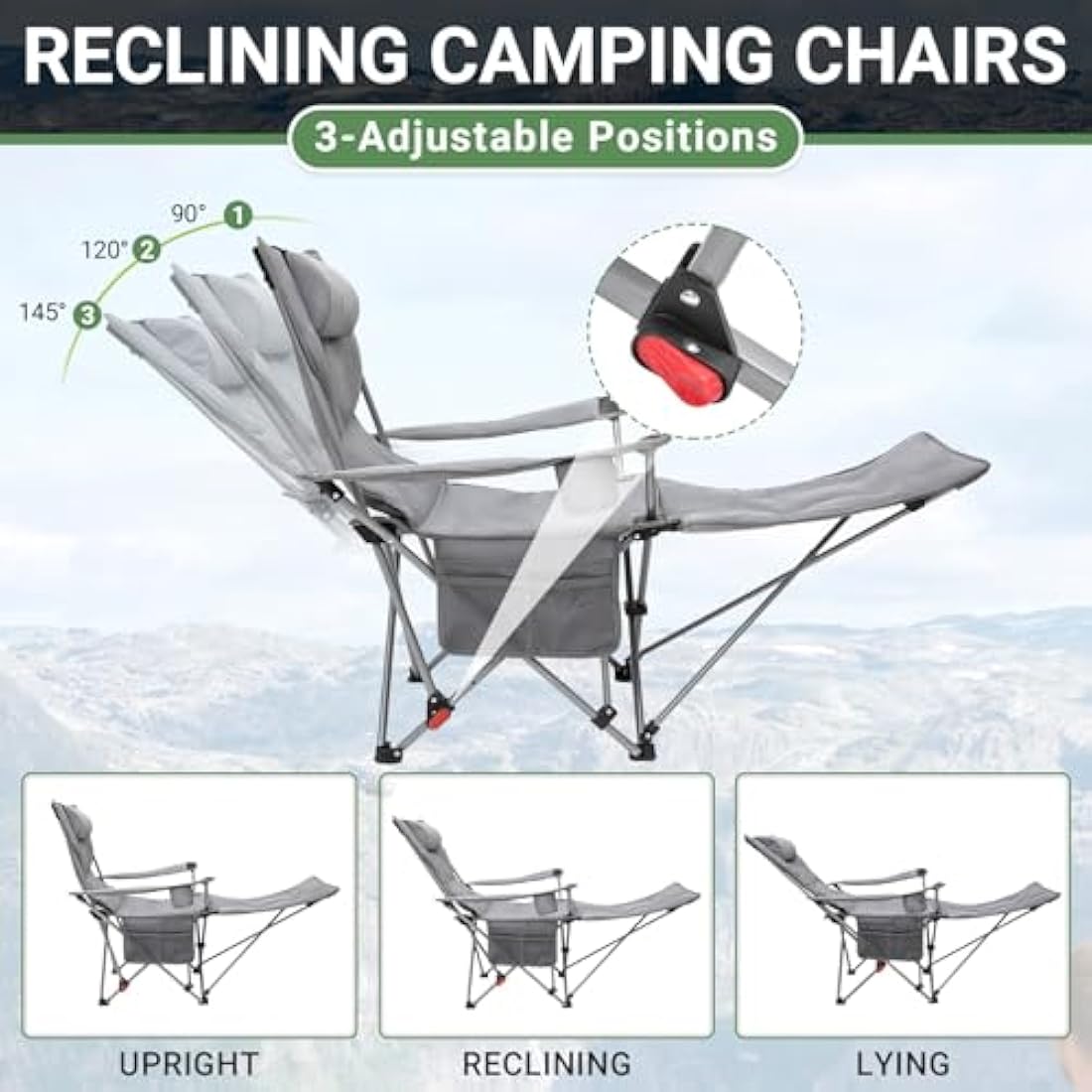#WEJOY Camping Chairs Folding Recliner Chair Adjustable with Detachable Footrest Headrest Cup Holder Lightweight Portable Padded Reclining Camp Chair Fold Up Chair for Beach Garden,Grey Set of 2