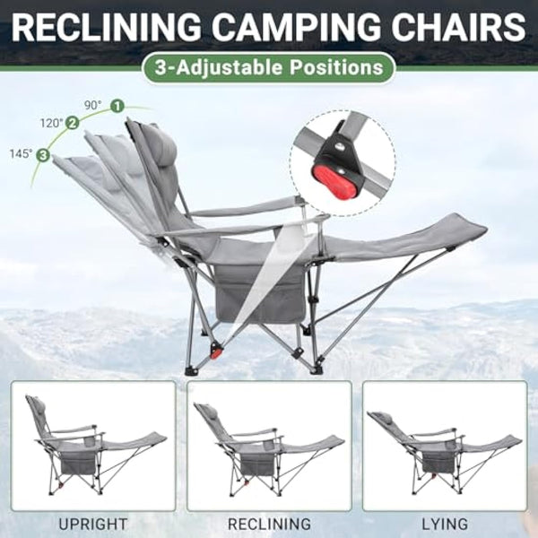 #WEJOY Camping Chairs Folding Recliner Chair Adjustable with Detachable Footrest Headrest Cup Holder Lightweight Portable Padded Reclining Camp Chair Fold Up Chair for Beach Garden,Grey Set of 2
