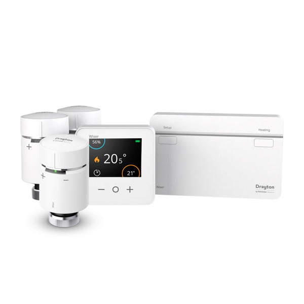 Wiser By Drayton Smart Thermostat Heating Kit Thermostat Kit 2 with 2 x Smart Radiator Thermostat TRV + Smart Plug – Heating & Hot Water for Conventional Boiler Complete Heating Control DIY Install