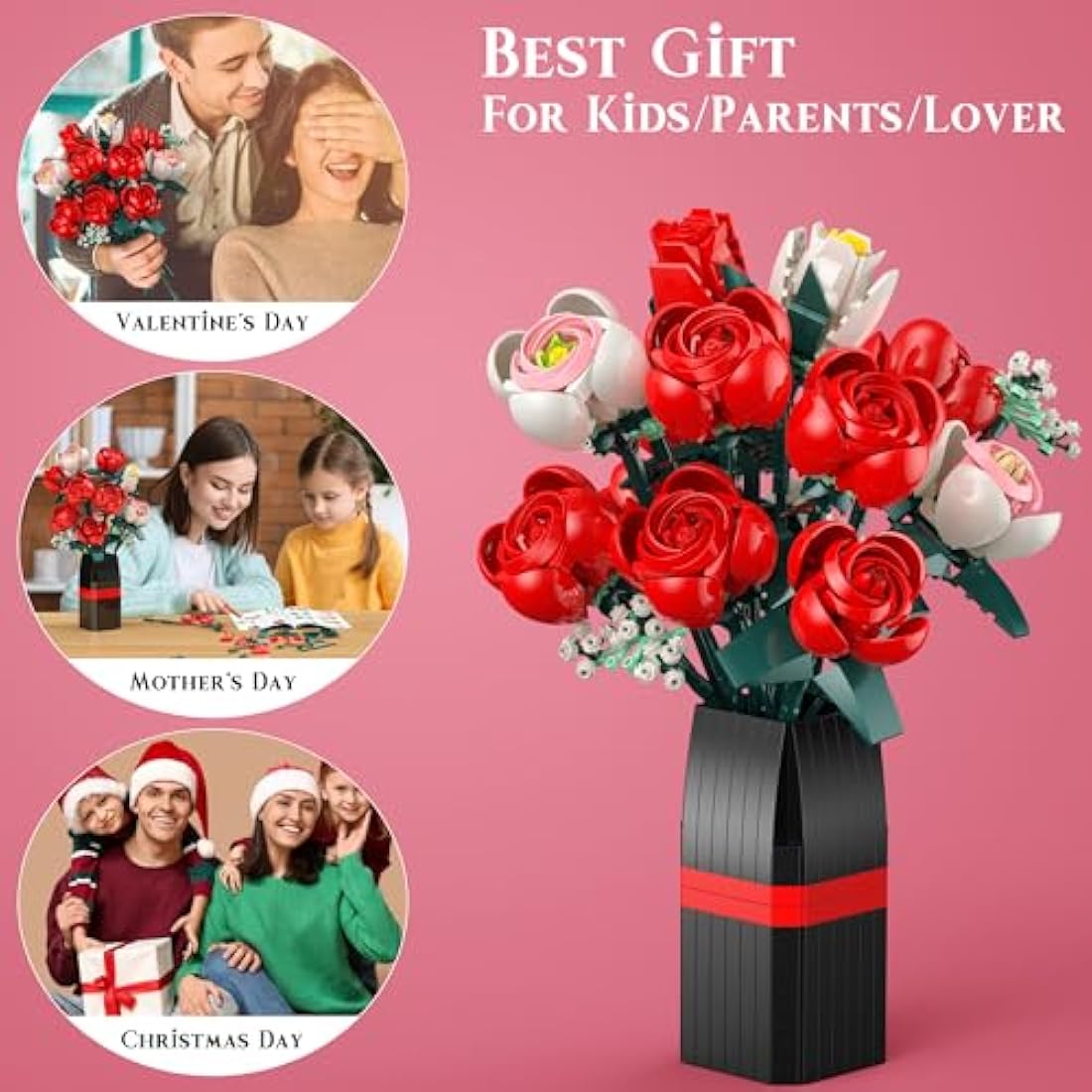 Flowers Bouquet Building Set, 841 PCS - 11 Office Home Forever Rose Decor Plant Building Kits with Vase, Gifts for Kids Birthday Adults Women Valentines Mothers Day