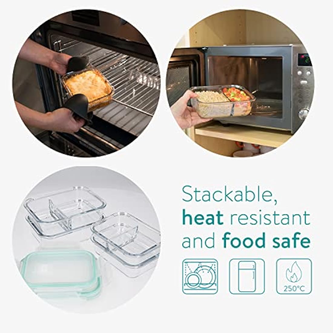 Navaris Glass Food Container Set - Mixed Set of 4 Storage Containers with Lids - Airtight, Leakproof, Oven, Microwave, Freezer and Dishwasher Safe