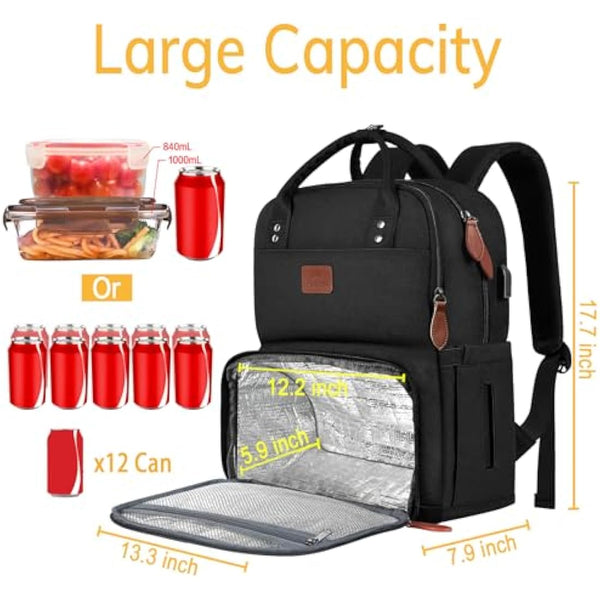 MATEIN Laptop Lunch Backpack, Picnic Backpack with Insulated Compartment, 17 Inch Ice Rucksack for Men Women with USB Port, Cooler Lunch Bag for Camping Travel Business Work, Black