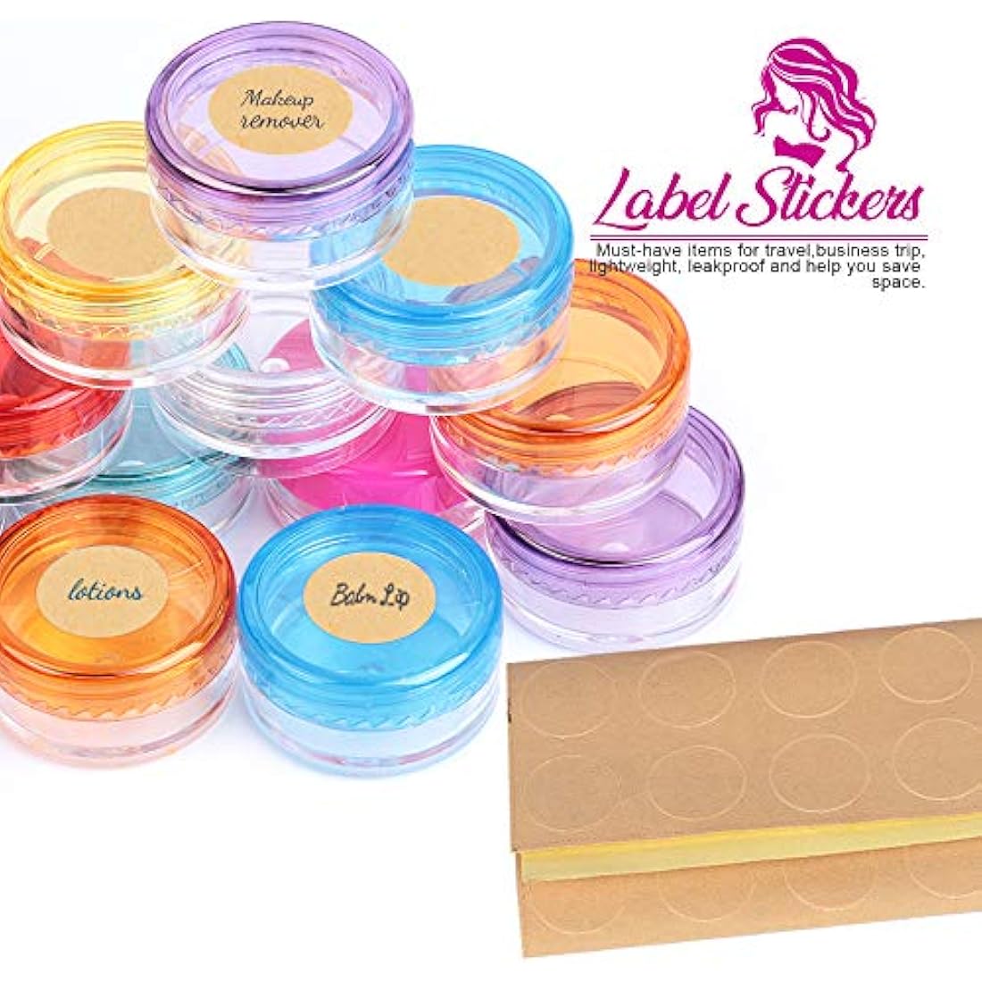 HNYYZL Empty Plastic Cosmetic Jars,50Pcs Sample Containers Pots Bottles,5ml Travel Pots,Small Pots with Lids Cosmetic,Travel Cream Pots for Toiletries (10pcs Spatulas and 50pcs Labels)