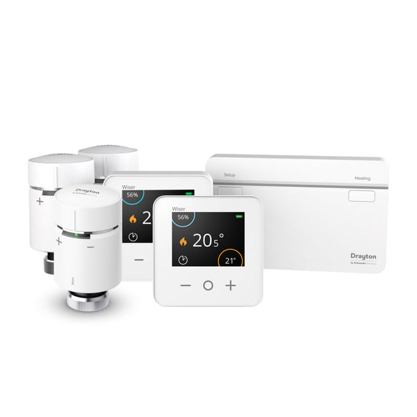 Wiser By Drayton Smart Thermostat Heating Kit Thermostat Kit 2 with 2 x Smart Radiator Thermostat TRV + Smart Plug – Heating & Hot Water for Conventional Boiler Complete Heating Control DIY Install