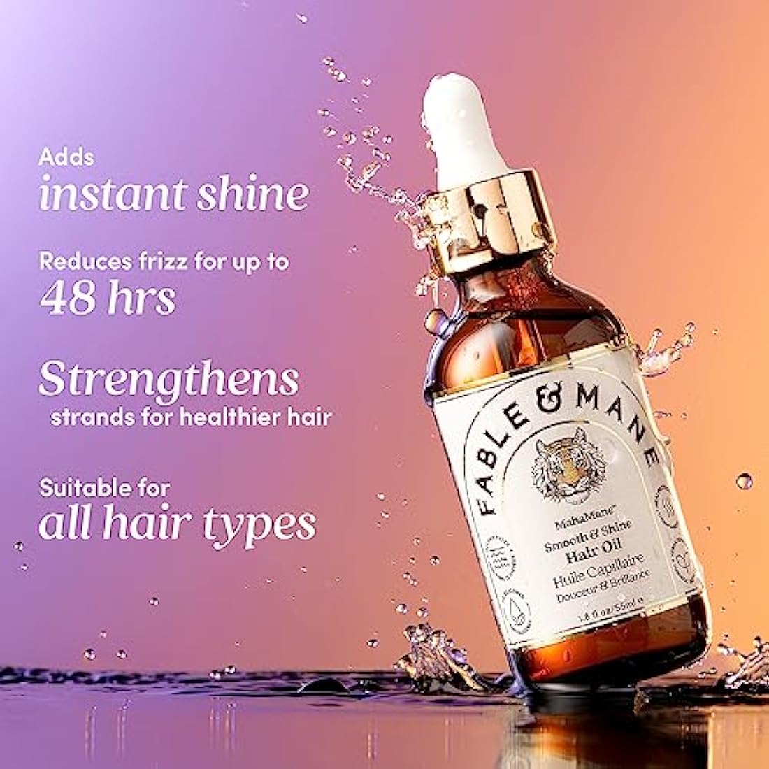 Fable & Mane Smooth & Shine Hair Oil, with UV Heat Protection. Post Wash Oil Reduces Frizz, Adds Instant Shine with Jojoba, Castor Oil and Ashwagandha (55ml)