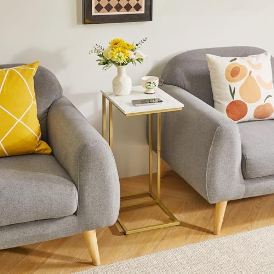 Aibiju C Shaped Side Table, End table, Laptop Holder Table for Study, Work, Industrial for Small Space,Living Room, Bedroon, Metal Frame, Modern, White Faux Marble and Gold Metal Frame, YD-TM051G