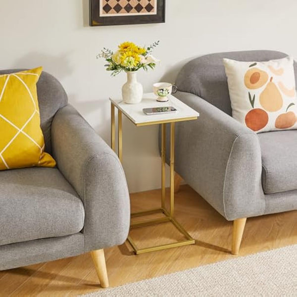 Aibiju C Shaped Side Table, End table, Laptop Holder Table for Study, Work, Industrial for Small Space,Living Room, Bedroon, Metal Frame, Modern, White Faux Marble and Gold Metal Frame, YD-TM051G