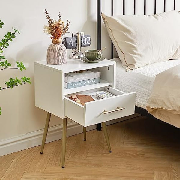 IBUYKE Nightstand, Mid-Century Modern Bedside Table with Legs, Minimalist and Practical End Side Table with 2 Tiers Storage Space, for Bedroom, Living Room, White WNS004W