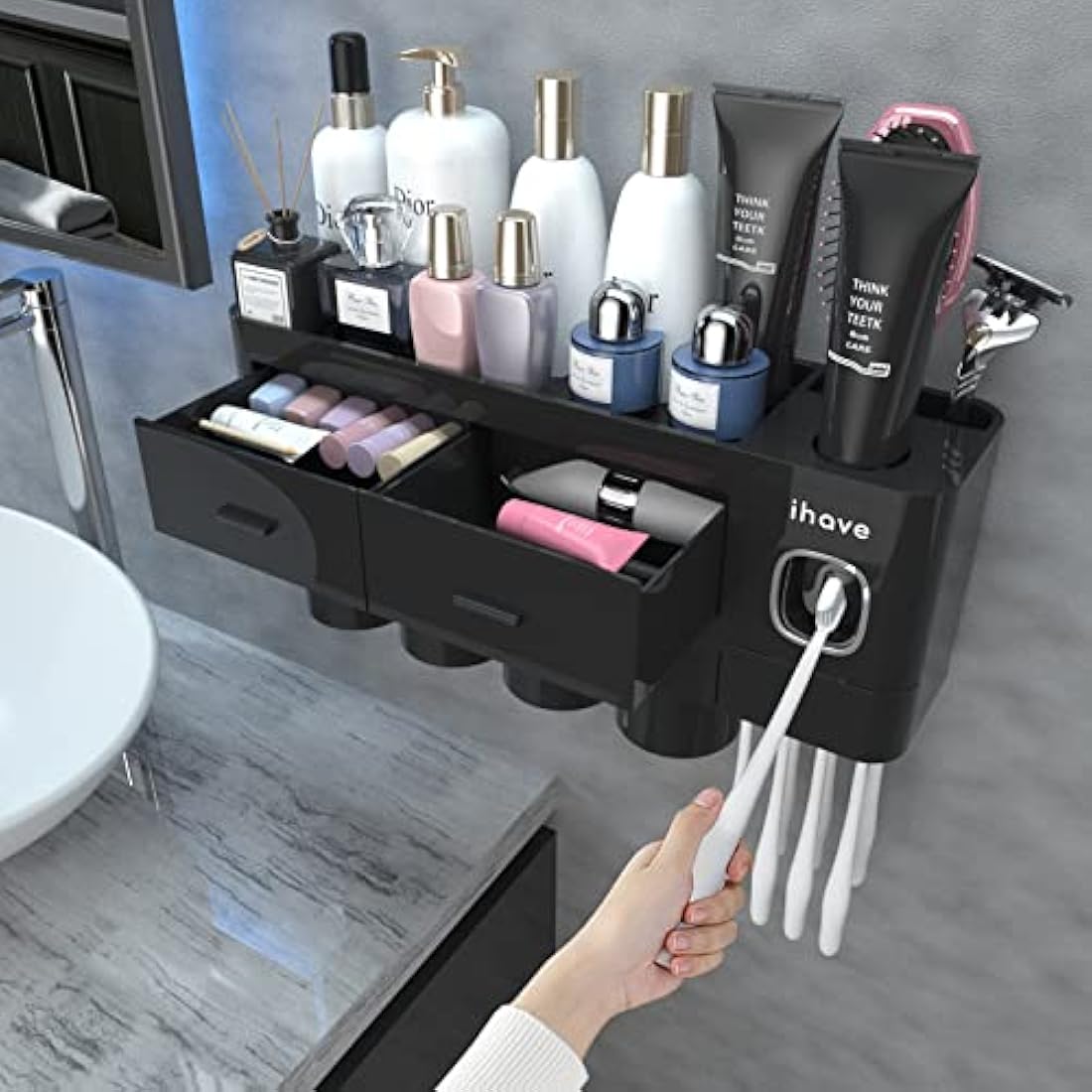 ihave Toothbrush Holders Bathroom Storage, 4 Cups Toothbrush Holder Wall Mounted with Toothpaste Dispenser, Large Capacity Tooth Brush Holder Bathroom Storage & Organisation