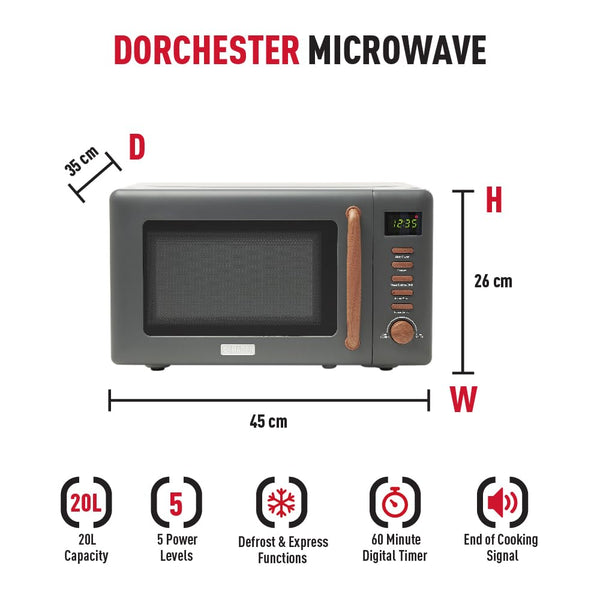 Dorchester Grey Microwave Oven  800w, 5 Power Levels, Express, Auto Cook, Defrost Functions - Compact Microwave with 27cm Turntable - Child Safety