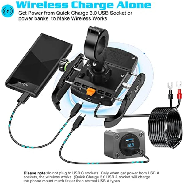 iMESTOU Motorcycle Wireless Phone Mount Charger QC3.0 USB C Handlebar/Rear-View Mirror Phone Holder Works with 12V/24V Motorcycles or by Plugging to USB A Socket Universal for 4.0-7.0" Cellphones
