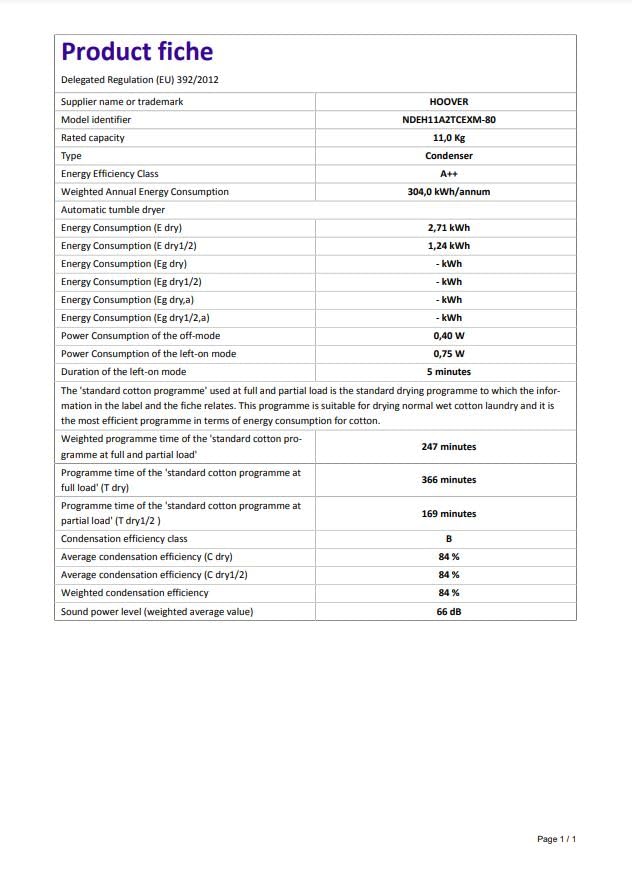 Hoover H-DRY 500 Heat Pump Tumble Dryer, 9 Kg, Class A++, Wi-Fi + Bluetooth, Four Drying Levels, Eco-Power Inverter Motor, Advanced Care, White, 59.6x60.4x85 cm - NDE H9A2TCE-80