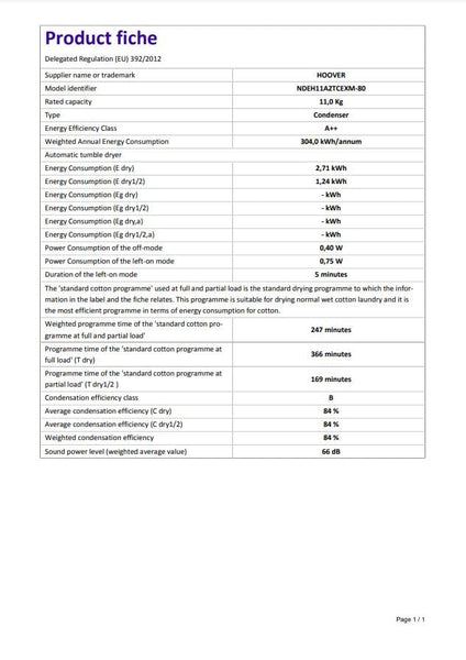 Hoover H-DRY 500 Heat Pump Tumble Dryer, 9 Kg, Class A++, Wi-Fi + Bluetooth, Four Drying Levels, Eco-Power Inverter Motor, Advanced Care, White, 59.6x60.4x85 cm - NDE H9A2TCE-80