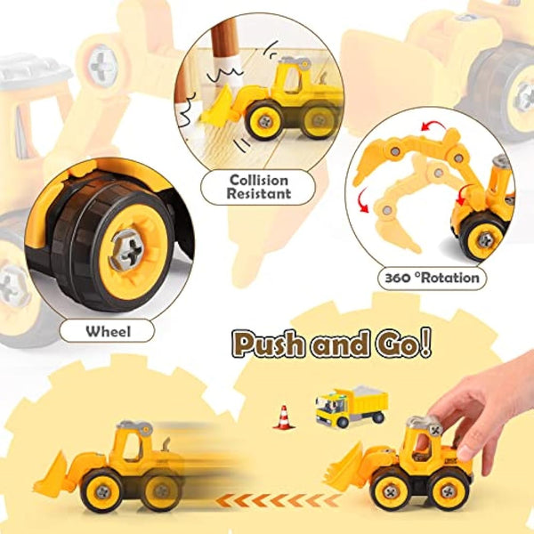 Anginne 4 in 1 Construction DIY Take-Apart Digger Toys Cars Set - Building Toys & Educational Gifts
