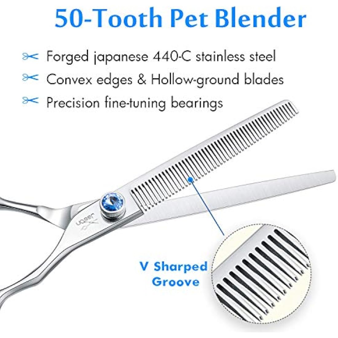 JASON 7" 50 Teeth Thinning Dog Grooming Scissor Ergonomic Pet Grooming Thinning Shears Blender Dog Cat Trimming Texturizing Kit 30% Thinning Rate