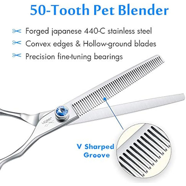 JASON 7" 50 Teeth Thinning Dog Grooming Scissor Ergonomic Pet Grooming Thinning Shears Blender Dog Cat Trimming Texturizing Kit 30% Thinning Rate