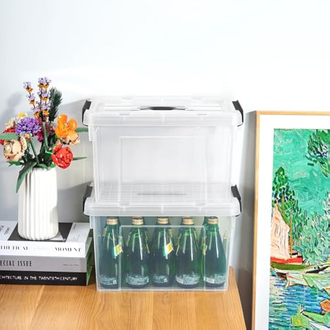 Cetomo 20L*4 Storage Boxes, Carry Plastic Storage Box with Lids, Organizing Container with Handle and Secure Latching Buckles, Stackable, Nestable, Tote Bin for Home Office Clothes, 20L-4Pack, Clear