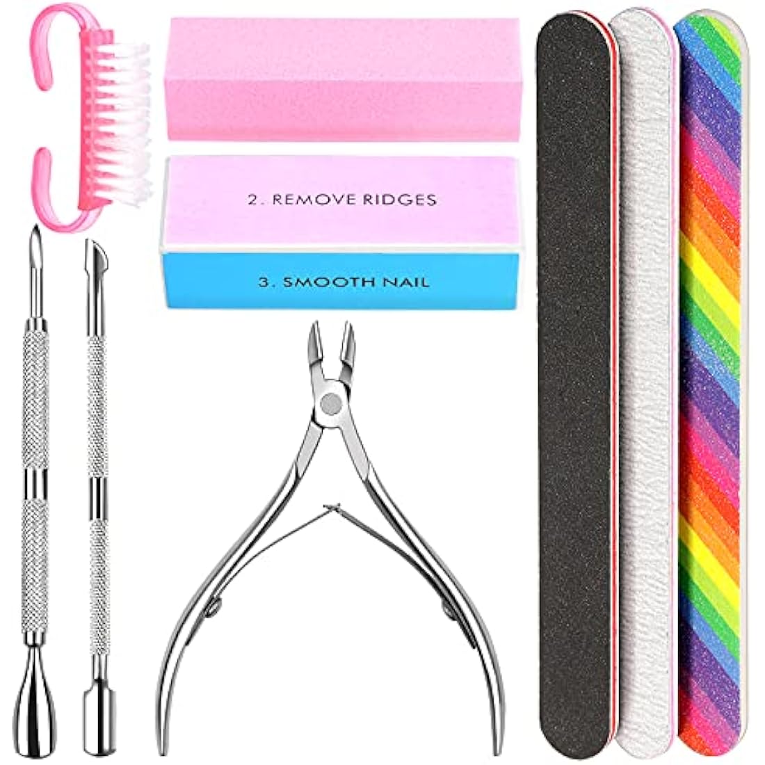 HNYYZL Nail File, 3PCS Double Sided Emery Boards for Nails,Buffer Block Sponge Polished,Nail Brush,Cuticle Nipper and Pusher