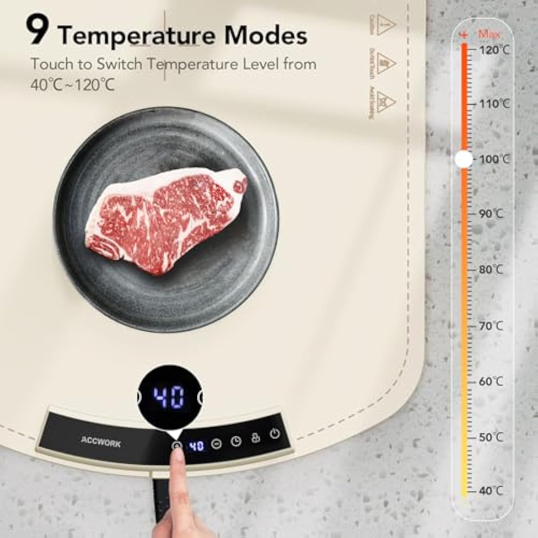 Accwork Electric Food Warmer, Portable Food Warming Tray with 6 Timers, 9 Temperature Settings, Waterproof Silicone Heating Mat for Buffet Party, Home Dinners & Gatherings, 65 x 40 x 1.8cm, Beige